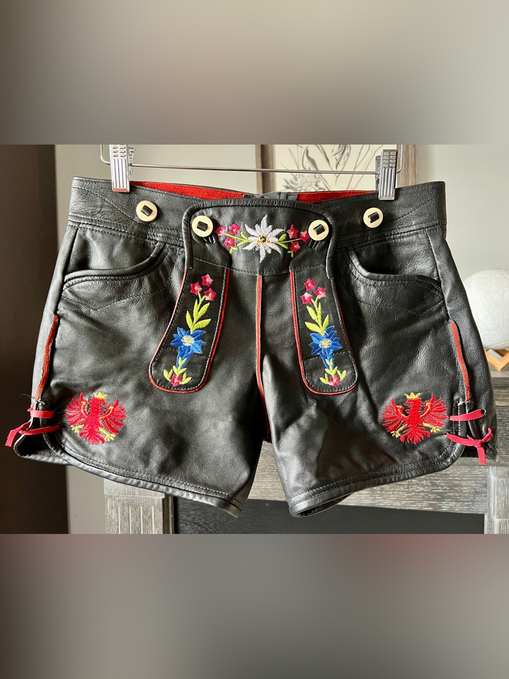 Vintage Original Steindl Embroidered Black Leather Lederhosen Oktoberfest Shorts